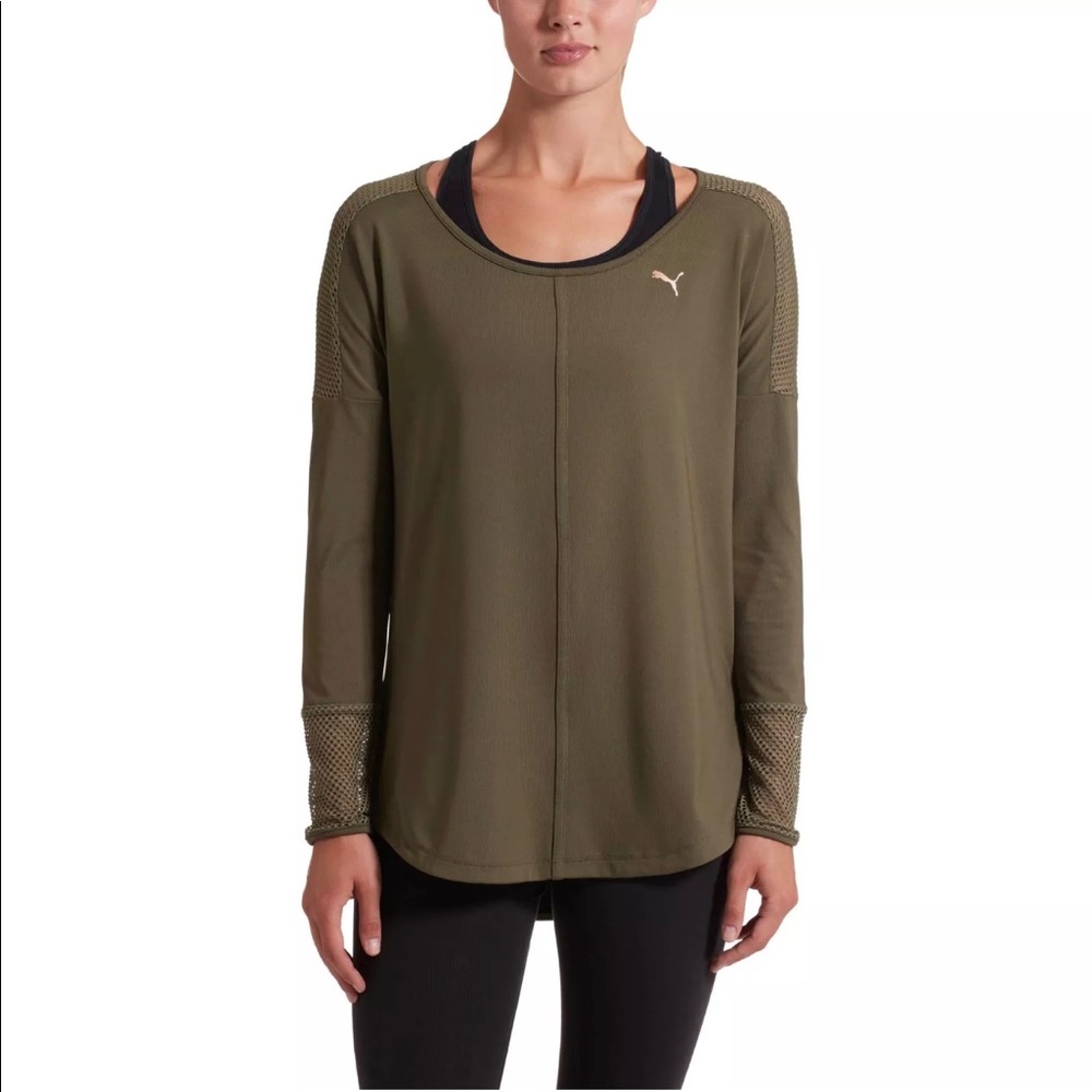 Puma Olive Green Mesh Long Sleeve Workout Shirt XL